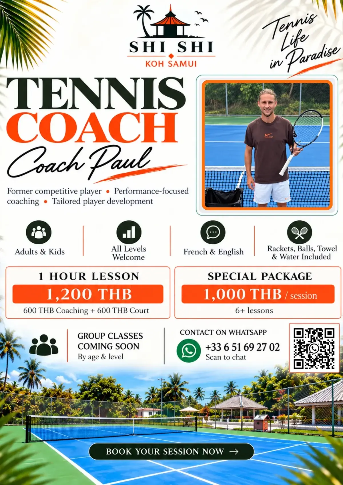 Flyer de Coach Paul, coach de tennis chez Shi Shi Samui à Koh Samui : tarifs et contact