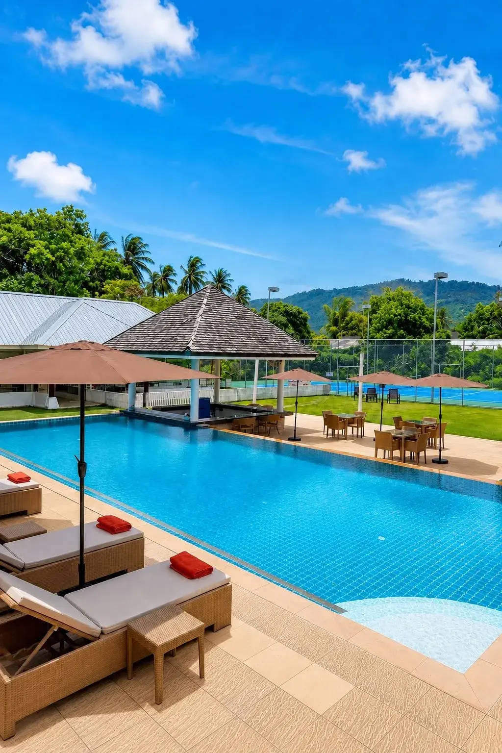 Pool terrace with the tennis and pickleball courts behind, Shi Shi Samui, Lamai, Koh Samui